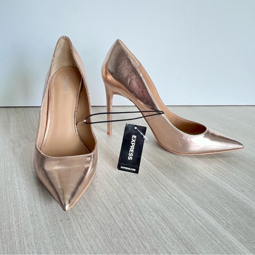 Express Women's Metallic Gold Pointed Toe Stiletto Pumps Faux Leather